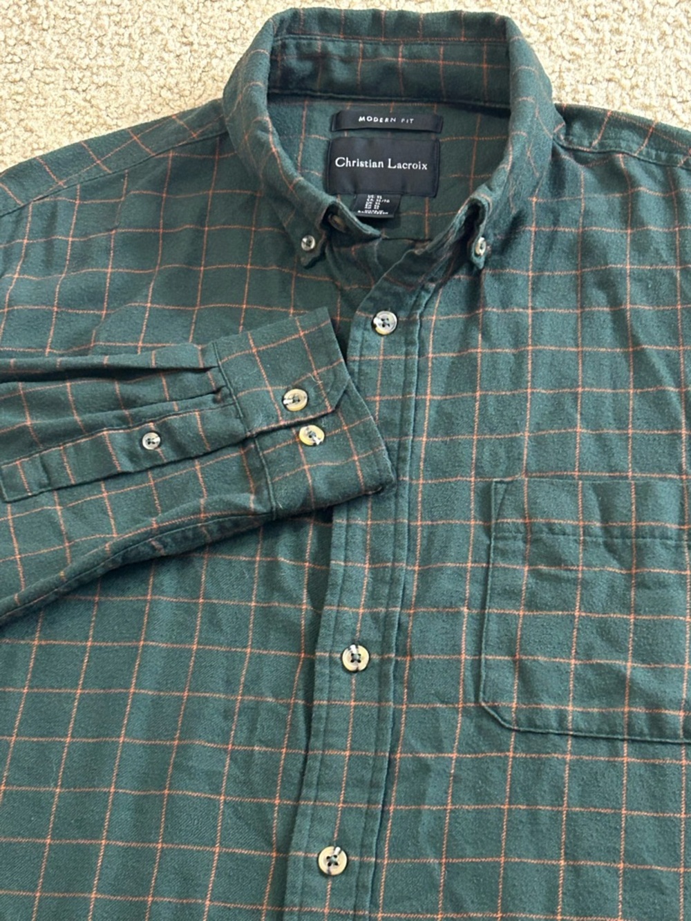 Christian Lacroix Shirt Mens XL Modern Fit Button Down Green Check Long Sleeve